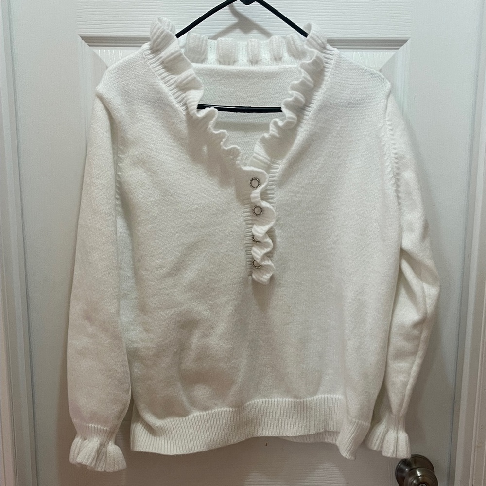SHEIN White Ruffle-Trim Crew Sweater